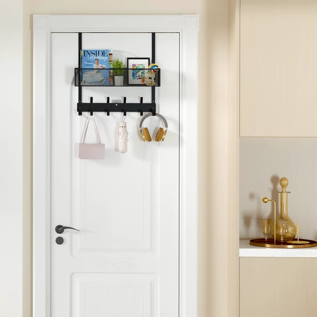 Alt view image 5 of 7 - Over The Door Hooks Organizer,Back Door Storage with Coat Hooks Door Hanger with Mesh Basket & Wreath Hanger,Towel Rack for Bathroom, Bedroom, Kitchen (Black)