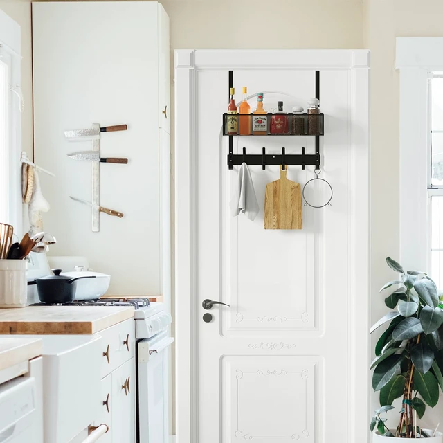 Alt view image 6 of 7 - Over The Door Hooks Organizer,Back Door Storage with Coat Hooks Door Hanger with Mesh Basket & Wreath Hanger,Towel Rack for Bathroom, Bedroom, Kitchen (Black)