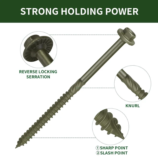 Alt view image 4 of 7 - 5/16 x 14 inch Long Timber Screws,Heavy Duty Exterior Lag Bolts with Hex Head, Structural Wood Screws for Deck, Fence, Landscape & Gazebo,Rust-Resistant Green Coated (25pcs)