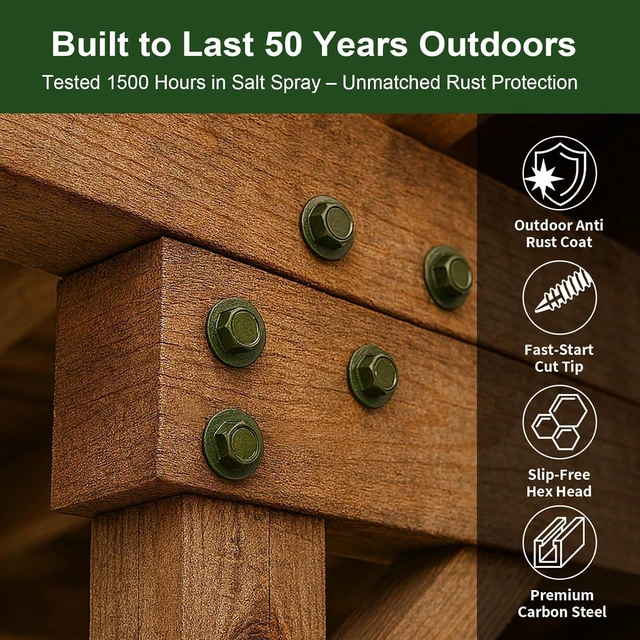 Alt view image 5 of 7 - 5/16 x 14 inch Long Timber Screws,Heavy Duty Exterior Lag Bolts with Hex Head, Structural Wood Screws for Deck, Fence, Landscape & Gazebo,Rust-Resistant Green Coated (25pcs)