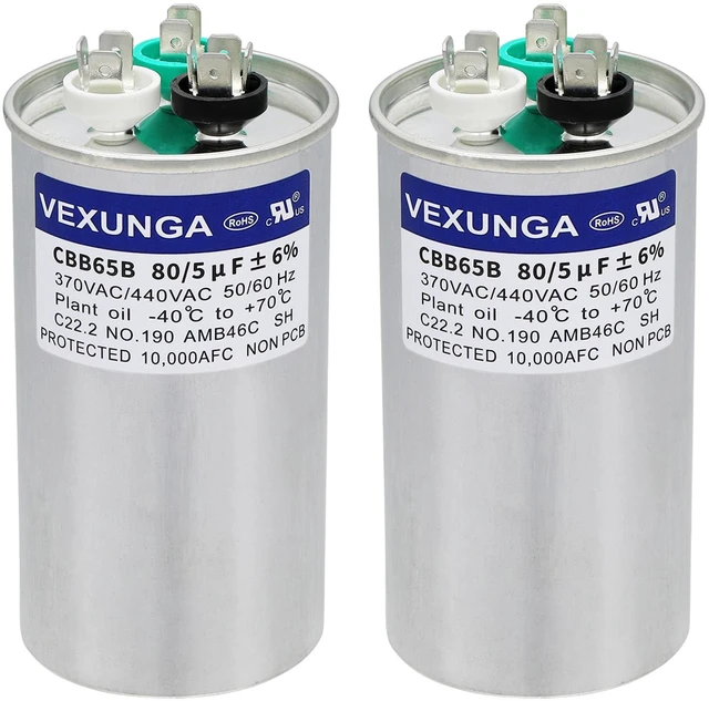 Main image of 2PCS 80+5uF 80/5MFD 370V or 440V Dual Run Start Round UL Listed AC Capacitor 80 5 uF MFD 370 440 Volt VAC CBB65 Air Conditioner Capacitors for Fan Motor or Heat Pump or Condenser Straight Cool