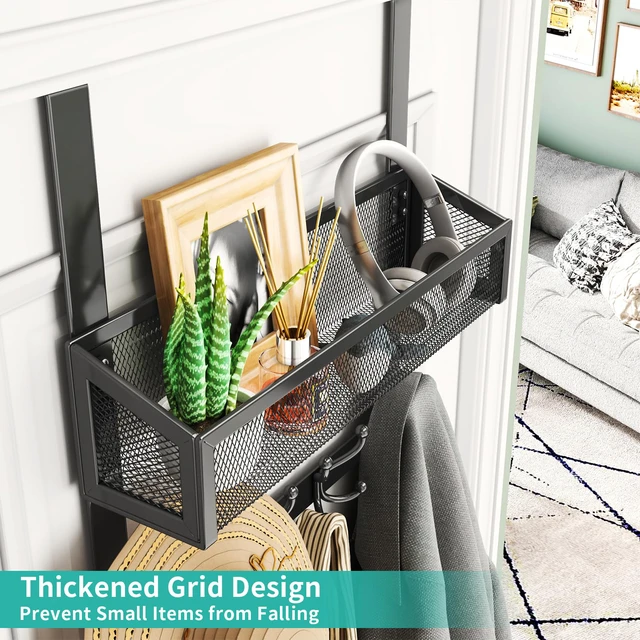 Alt view image 2 of 6 - Over The Door Hooks - Easy Installation Door Hanger with Basket and 16 Hooks, 304 Stainless Steel Storage Organizer for Towels, Coats, Bathroom, Kitchen, Dorm - Black