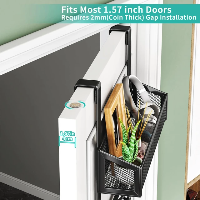 Alt view image 3 of 6 - Over The Door Hooks - Easy Installation Door Hanger with Basket and 16 Hooks, 304 Stainless Steel Storage Organizer for Towels, Coats, Bathroom, Kitchen, Dorm - Black