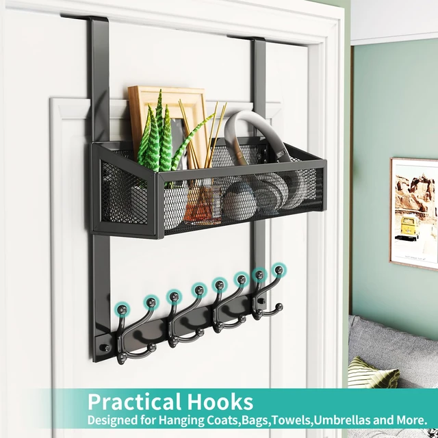 Alt view image 4 of 6 - Over The Door Hooks - Easy Installation Door Hanger with Basket and 16 Hooks, 304 Stainless Steel Storage Organizer for Towels, Coats, Bathroom, Kitchen, Dorm - Black