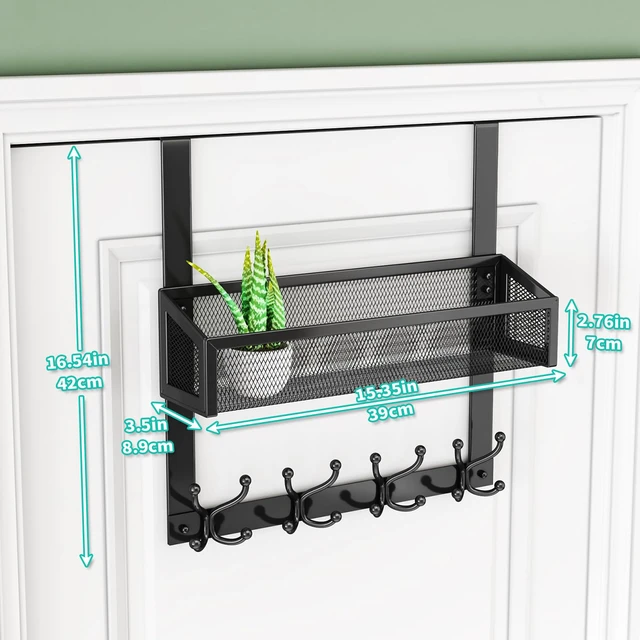 Alt view image 6 of 6 - Over The Door Hooks - Easy Installation Door Hanger with Basket and 16 Hooks, 304 Stainless Steel Storage Organizer for Towels, Coats, Bathroom, Kitchen, Dorm - Black