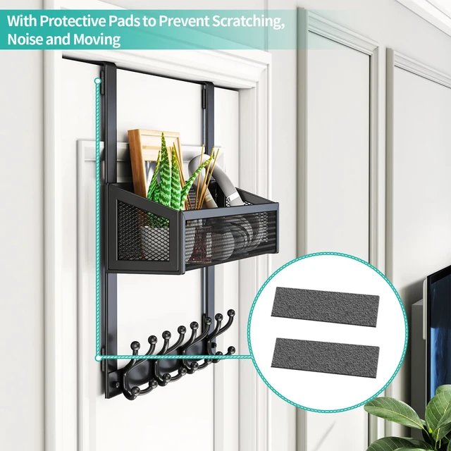 Alt view image 5 of 6 - Over The Door Hooks - Easy Installation Door Hanger with Basket and 16 Hooks, 304 Stainless Steel Storage Organizer for Towels, Coats, Bathroom, Kitchen, Dorm - Black