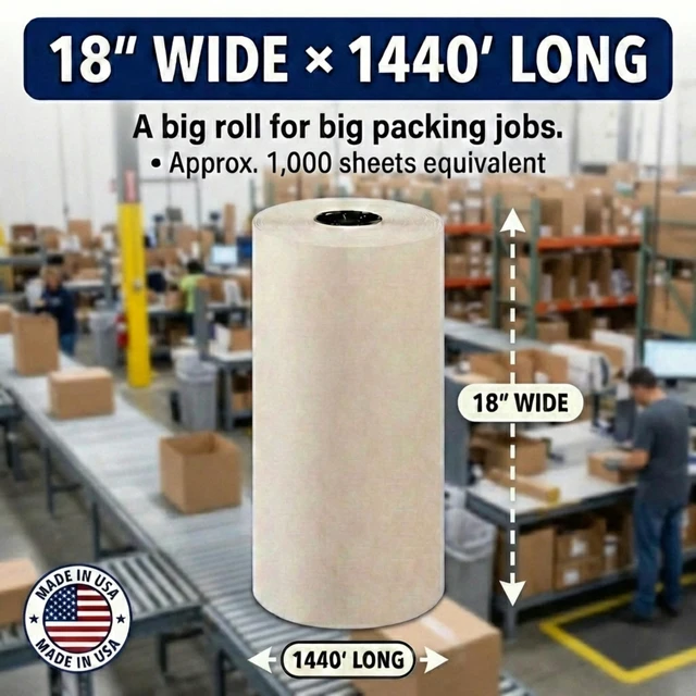 Alt view image 2 of 6 - Packing Paper Roll 1440'L x 18"W - 1,000 Sheets 17 Long Equivalent - Large White Newsprint for Shipping, Packaging, Storage and Moving Supplies