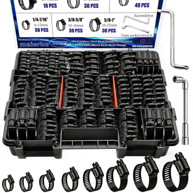 Main image of 202PCS Stainless Steel Hose Clamps Assortment Kit,Metal Adjustable 1/4"-2"(6-51mm) Worm Gear Hose Clamp Heavy Duty Small Hose Clamps for Automotive,Radiator Pipe,Plumbing,Fuel Line