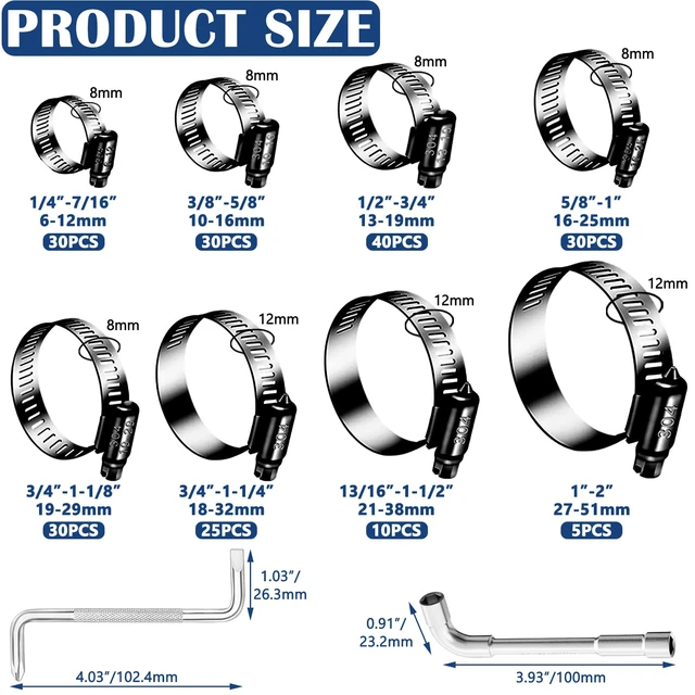 Alt view image 3 of 7 - 202PCS Stainless Steel Hose Clamps Assortment Kit,Metal Adjustable 1/4"-2"(6-51mm) Worm Gear Hose Clamp Heavy Duty Small Hose Clamps for Automotive,Radiator Pipe,Plumbing,Fuel Line
