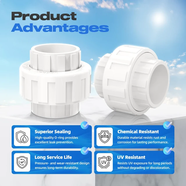 Alt view image 6 of 7 - 10 PCS 2" PVC Union Coupling Pipe Fitting, Slip Joint Adapter PVC Connectors (Socket x Socket), Built-in EPDM O-Ring, Schedule 40, Ideal for Pool Pump, Irrigation Systems, Plumbing, DIY Projects