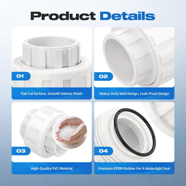 Alt view image 7 of 7 - 10 PCS 2" PVC Union Coupling Pipe Fitting, Slip Joint Adapter PVC Connectors (Socket x Socket), Built-in EPDM O-Ring, Schedule 40, Ideal for Pool Pump, Irrigation Systems, Plumbing, DIY Projects