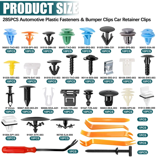Alt view image 2 of 6 - 285PCS Automotive Plastic Fasteners & Bumper Clips, 26 Size Car Retainer Fender Nylon Rivets with Cable Ties & Removal Tool Compatible with Honda and Acura