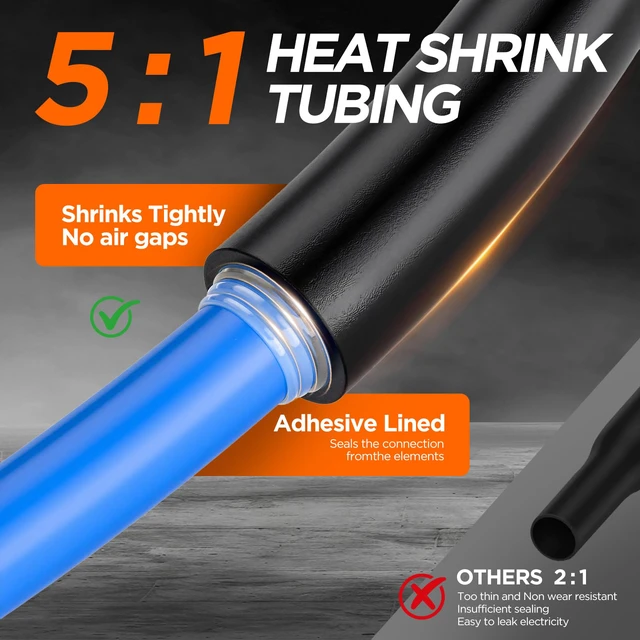 Alt view image 2 of 7 - 5:1 Heat Shrink Tubing Kit, Industry-Leading 5:1 Ratio Shrink Wrap Tubing Adhesive Lined, Heat Shrink Wire Connectors, Marine Grade Dual Wall, Waterproof Electrical Wire Tube Connectors(Black)