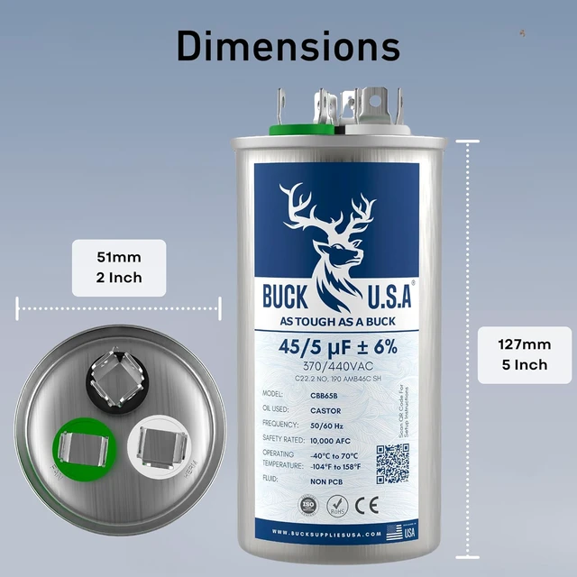 Alt view image 5 of 7 - 45+5uF 45/5 MFD ±6% CBB65B Dual Run Round Start Capacitor - Ideal for HVAC Systems, Air Conditioner Unit Fan Motor Start, Heat Pump, & Condenser Straight Cool Applications 370/440VAC 50/60Hz