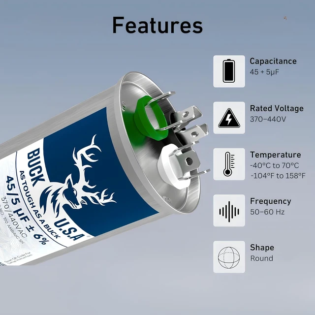 Alt view image 2 of 7 - 45+5uF 45/5 MFD ±6% CBB65B Dual Run Round Start Capacitor - Ideal for HVAC Systems, Air Conditioner Unit Fan Motor Start, Heat Pump, & Condenser Straight Cool Applications 370/440VAC 50/60Hz