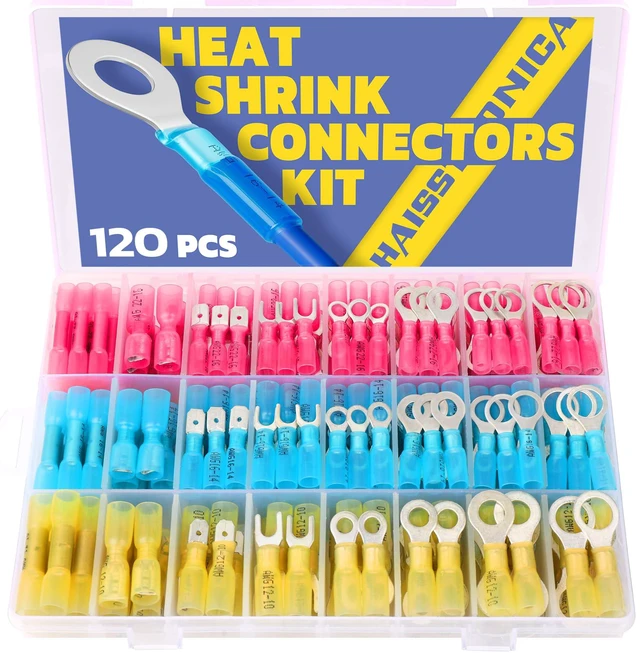 Main image of 120PCS Heat Shrink Wire Connectors, 22-10 AWG, 3Colors/24Sizes Marine Grade Ring, Fork, Spade & Butt Terminals, Multiple Automotive & Boat Wiring Tasks, Electrical Connectors