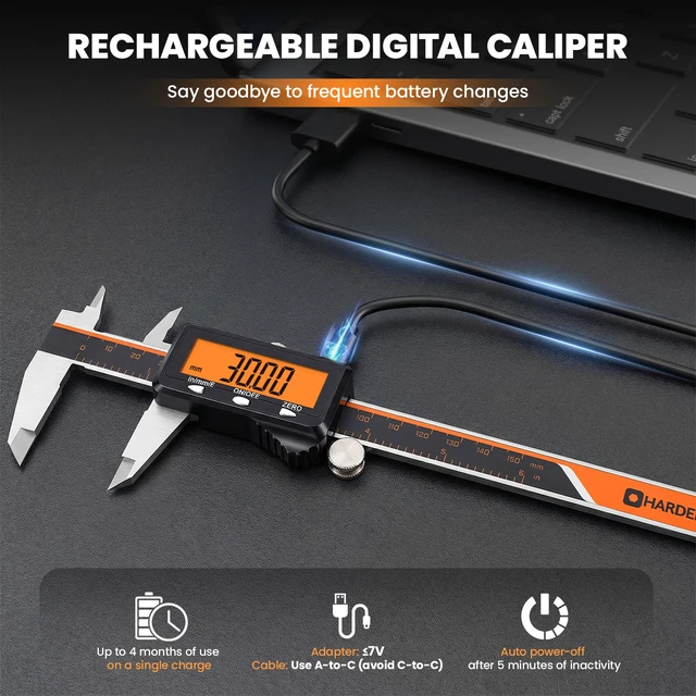 Alt view image 2 of 7 - Digital Caliper 6 Inch with Orange LCD, USB-C Calipers, Non-Backlit Easy-read Orange LCD, Stainless Steel & USB-C Micrometer, Inch/mm/Fraction, Auto-Off. For DIY, 3D Printing, Hobbies