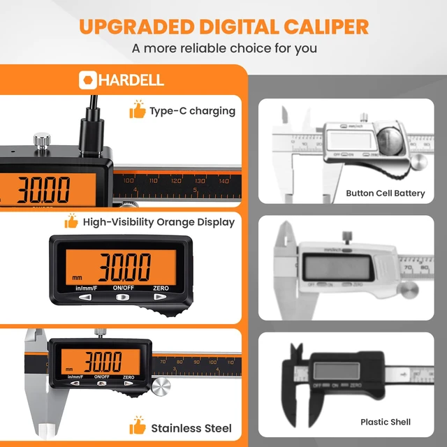 Alt view image 6 of 7 - Digital Caliper 6 Inch with Orange LCD, USB-C Calipers, Non-Backlit Easy-read Orange LCD, Stainless Steel & USB-C Micrometer, Inch/mm/Fraction, Auto-Off. For DIY, 3D Printing, Hobbies