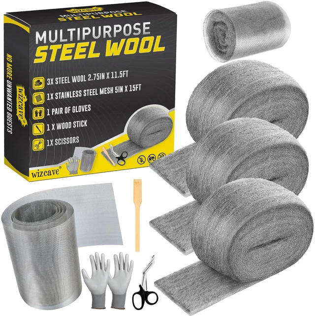 Main image of Steel Wool Mice Control - 3 Pack 2.75 in x 11.5 Ft Steel Wool & 1 Pack 5 in x 15 Ft Wire Mesh with Wooden Stick & Gloves & Scissors, Mouse Hole Filler for House Garden Polishing Chrome, Glass