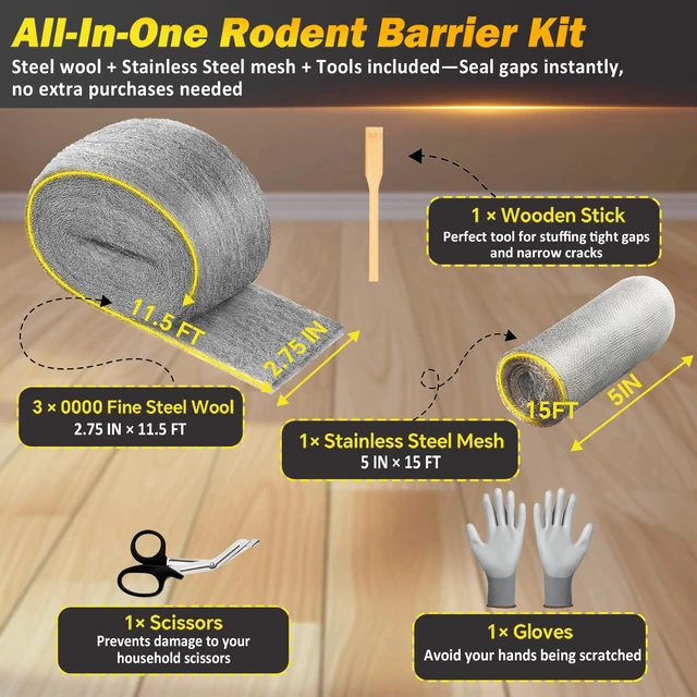 Alt view image 2 of 7 - Steel Wool Mice Control - 3 Pack 2.75 in x 11.5 Ft Steel Wool & 1 Pack 5 in x 15 Ft Wire Mesh with Wooden Stick & Gloves & Scissors, Mouse Hole Filler for House Garden Polishing Chrome, Glass
