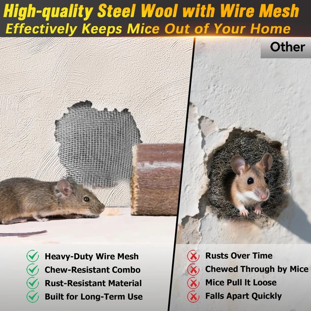 Alt view image 4 of 7 - Steel Wool Mice Control - 3 Pack 2.75 in x 11.5 Ft Steel Wool & 1 Pack 5 in x 15 Ft Wire Mesh with Wooden Stick & Gloves & Scissors, Mouse Hole Filler for House Garden Polishing Chrome, Glass
