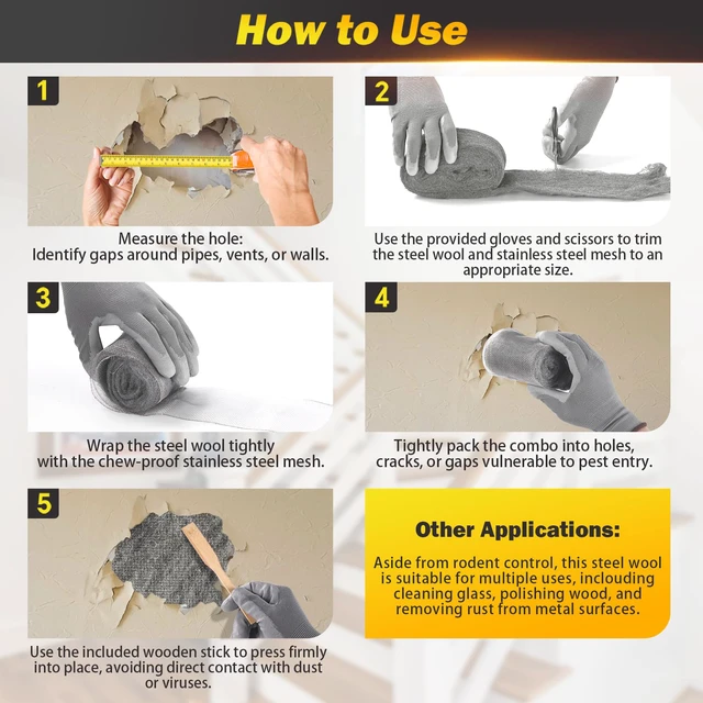 Alt view image 6 of 7 - Steel Wool Mice Control - 3 Pack 2.75 in x 11.5 Ft Steel Wool & 1 Pack 5 in x 15 Ft Wire Mesh with Wooden Stick & Gloves & Scissors, Mouse Hole Filler for House Garden Polishing Chrome, Glass