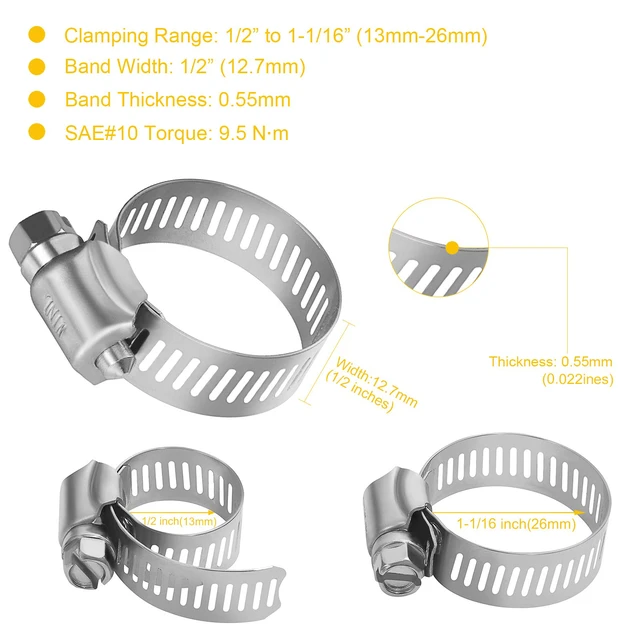 Alt view image 3 of 7 - Stainless Steel Hose Clamps - 16 Pack Worm Gear Drive Hose Clamps SAE 10 Clamping Range of 1/2'' to 1-1/16'' (13mm-26mm) for Automotive Plumbing,1/2 Inch, 3/4 Inch,1 Inch Clamps