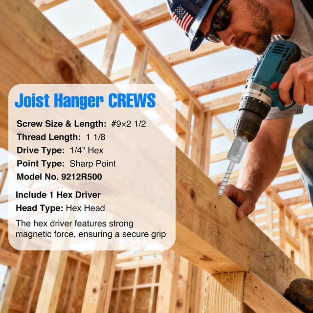 Alt view image 2 of 7 - Mech.Galv.#9 x 2-1/2" Joist Hanger Screws-200 Qty,9212R200 Hurricane Screws 1/4" Hex Socket Wood Screw,0.370"-Dia Deck Screw, Joist Hanger Connector Screws Replace 10D Nails-1500 Hours Salt Spray Test