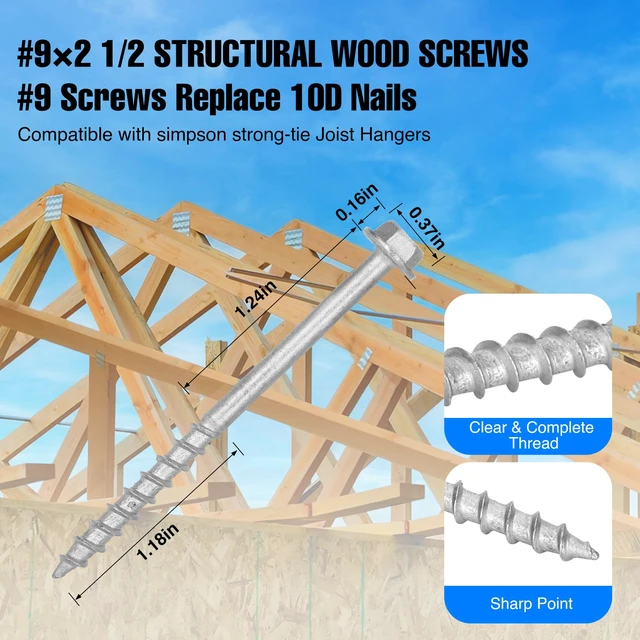 Alt view image 3 of 7 - Mech.Galv.#9 x 2-1/2" Joist Hanger Screws-200 Qty,9212R200 Hurricane Screws 1/4" Hex Socket Wood Screw,0.370"-Dia Deck Screw, Joist Hanger Connector Screws Replace 10D Nails-1500 Hours Salt Spray Test