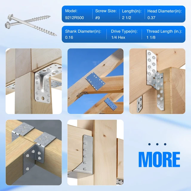 Alt view image 6 of 7 - Mech.Galv.#9 x 2-1/2" Joist Hanger Screws-200 Qty,9212R200 Hurricane Screws 1/4" Hex Socket Wood Screw,0.370"-Dia Deck Screw, Joist Hanger Connector Screws Replace 10D Nails-1500 Hours Salt Spray Test