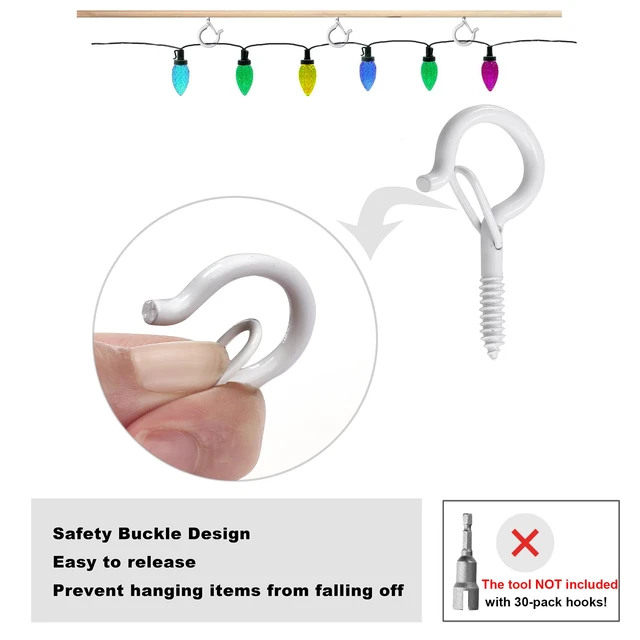 Alt view image 2 of 7 - 30 Pack Screw Hooks for Hanging Plants Outdoor Lights(White) Christmas Seasonal Lighting, Heavy Duty 2.2 Inch Eye Hook Cup Ceiling Hook Q-Hanger for Patio, Wall Wood Ceiling Deck Mount
