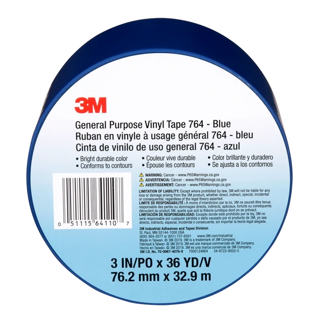 Alt view image 2 of 7 - General Purpose Vinyl Tape 764, Blue, 3 in x 36 yd, 5 mil, 1 Roll Light Traffic Floor Marking Tape, for Social Distancing, Color Coding, Safety, Bundling