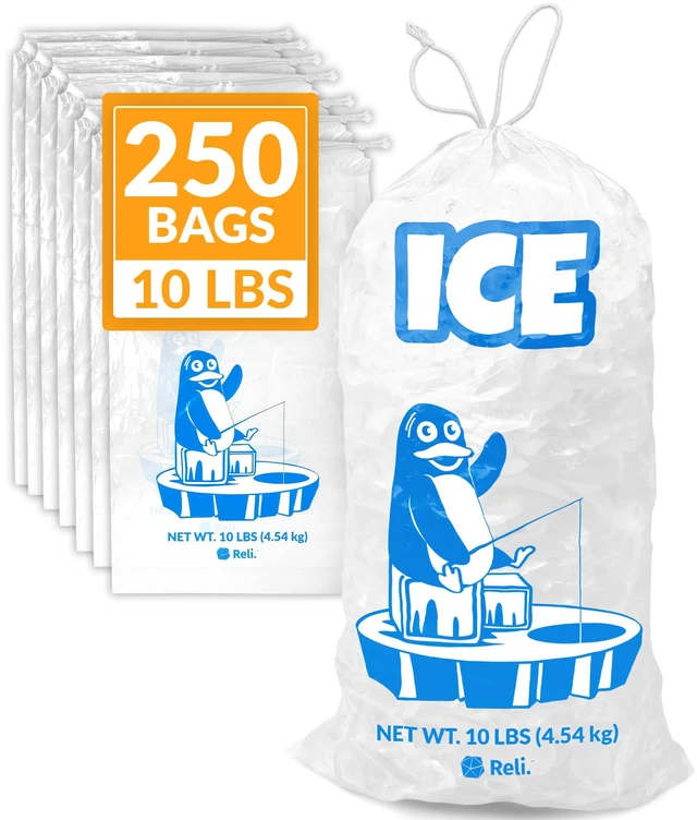 Main image of Plastic Ice Bags 10 lb (250 Pack Bulk) Cotton Drawstring | 12"x21" Ice Bags Reusable, Heavy Duty | Clear, Freezer Safe Storage | 1.5 Mil