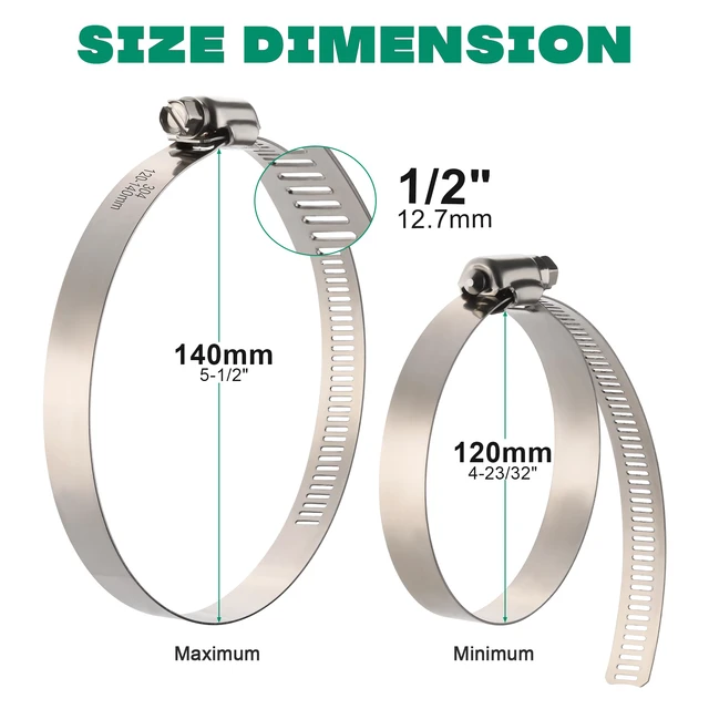Alt view image 2 of 7 - 5 Inch Hose Clamps, Adjustable 4-23/32"-5-1/2"(120-140mm), 10 PCS 304 Stainless Steel, Rust Resistant, Large Worm Gear Hose Clamp, Automotive, Radiator Hose, Fuel Line, Air Ducting