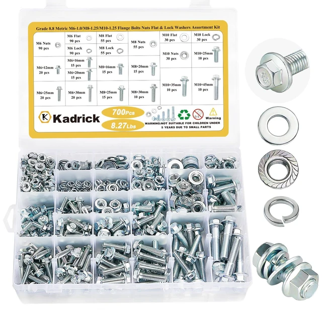 Main image of 700PCS Class 8.8 Metric Bolt Assortment,M6 M8 M10 Flange Hex Bolts M6-1 M8-1.25 M10-1.25 Flange Hex Bolt Nut Flat/Lock Washer Kit,Length from 12mm-45mm,Heavy Duty,Eco-Friendly Zinc Plated