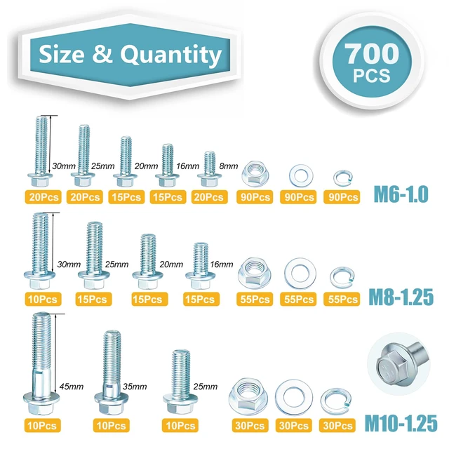 Alt view image 2 of 6 - 700PCS Class 8.8 Metric Bolt Assortment,M6 M8 M10 Flange Hex Bolts M6-1 M8-1.25 M10-1.25 Flange Hex Bolt Nut Flat/Lock Washer Kit,Length from 12mm-45mm,Heavy Duty,Eco-Friendly Zinc Plated