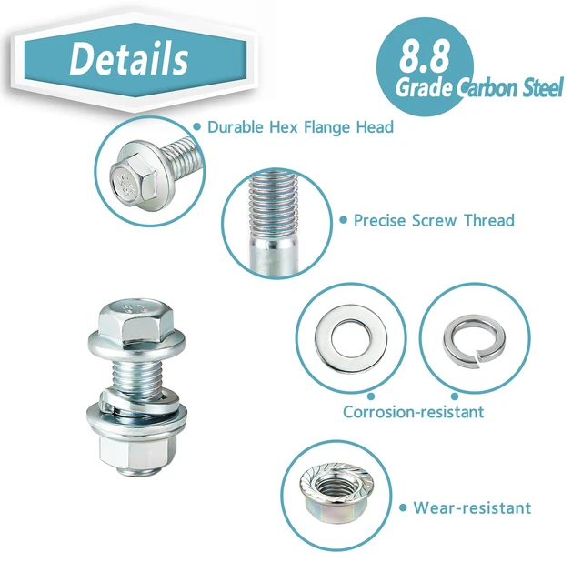 Alt view image 3 of 6 - 700PCS Class 8.8 Metric Bolt Assortment,M6 M8 M10 Flange Hex Bolts M6-1 M8-1.25 M10-1.25 Flange Hex Bolt Nut Flat/Lock Washer Kit,Length from 12mm-45mm,Heavy Duty,Eco-Friendly Zinc Plated