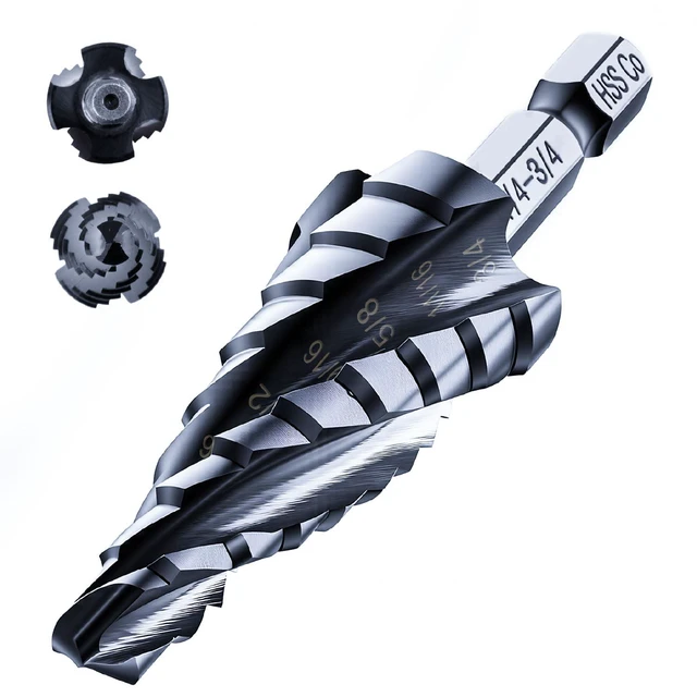 Main image of toolant M35 Cobalt Step Drill Bit, 1/4"-3/4", TiAlN, 1/4" Hex Shank M35 Cobalt HSS; TiAlN Coating; Four Spiral Flutes; 1/4" Hex Shank Unibit; Metal/Stainless/Aluminum/Plastic