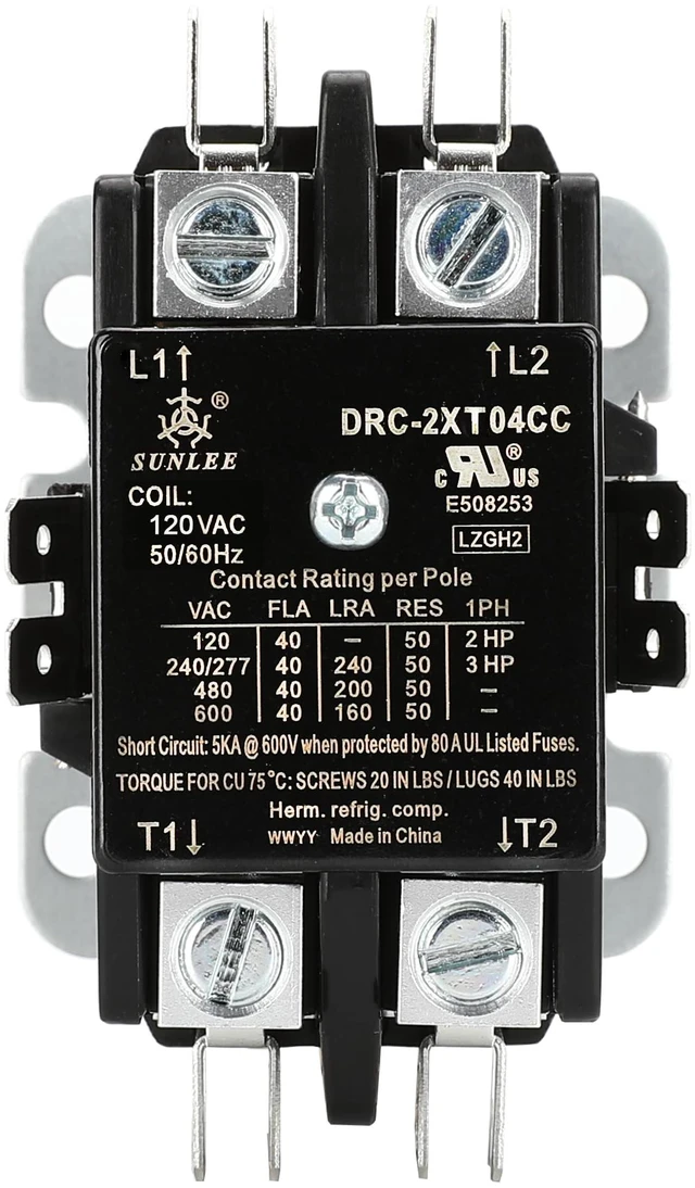 Alt view image 3 of 5 - 2 Pole 40 Amp contactor 120v Coil UL 2 Pole Lighting Load 50 AMP Contactor Equivalent to 42CF15AF for Condenser Compressor HVAC Contactor