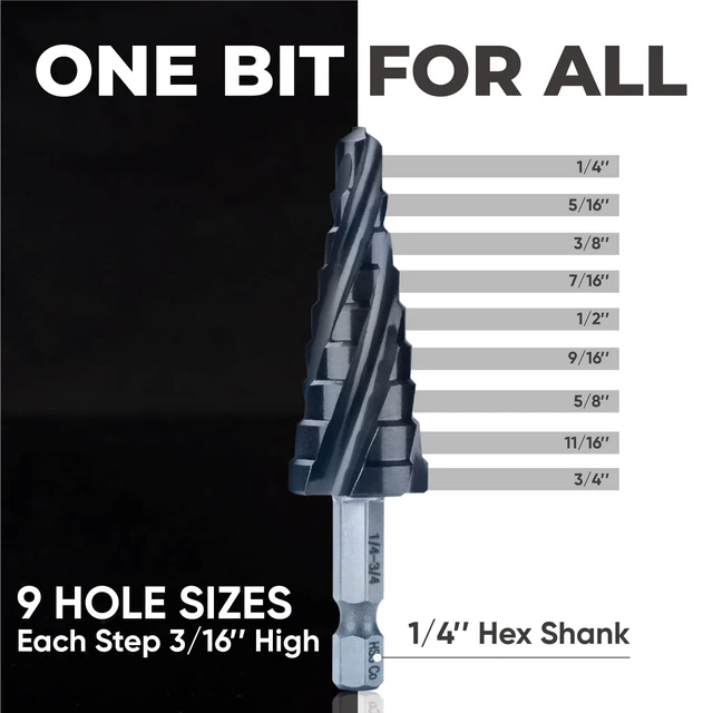 Alt view image 7 of 7 - toolant M35 Cobalt Step Drill Bit, 1/4"-3/4", TiAlN, 1/4" Hex Shank M35 Cobalt HSS; TiAlN Coating; Four Spiral Flutes; 1/4" Hex Shank Unibit; Metal/Stainless/Aluminum/Plastic
