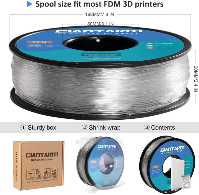 Alt view image 6 of 7 - TPU Filament 1.75mm 1Kg(2.2lbs), Clear Filament TPU, 95A Flexible 3D Printer Filament with High Elasticity, ±0.03mm Accuracy, Neatly Wound & Moistureproof, Non-Clogging, TPU Clear
