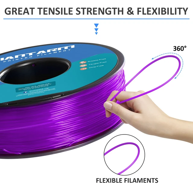 Alt view image 4 of 6 - TPU Filament 1.75mm 1Kg(2.2lbs), Clear Purple Filament TPU, 95A Flexible 3D Printer Filament with High Elasticity, ±0.03mm Accuracy, Neatly Wound & Moistureproof, Non-Clogging, Clear Purple