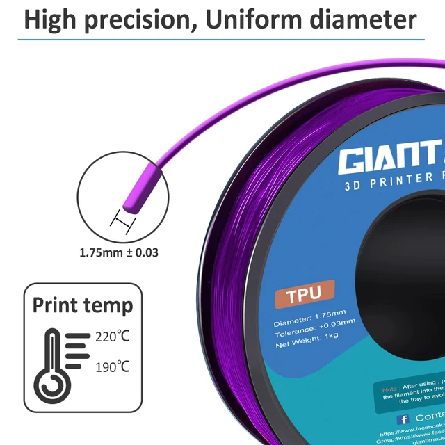 Alt view image 3 of 6 - TPU Filament 1.75mm 1Kg(2.2lbs), Clear Purple Filament TPU, 95A Flexible 3D Printer Filament with High Elasticity, ±0.03mm Accuracy, Neatly Wound & Moistureproof, Non-Clogging, Clear Purple