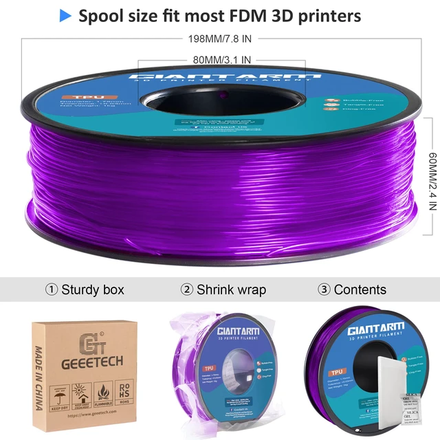 Alt view image 5 of 6 - TPU Filament 1.75mm 1Kg(2.2lbs), Clear Purple Filament TPU, 95A Flexible 3D Printer Filament with High Elasticity, ±0.03mm Accuracy, Neatly Wound & Moistureproof, Non-Clogging, Clear Purple