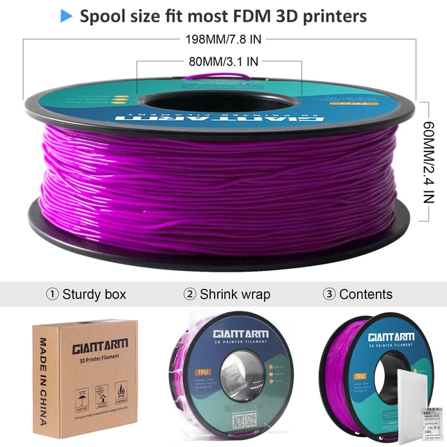 Alt view image 5 of 6 - TPU Filament 1.75mm 1Kg(2.2lbs), Purple Filament TPU, 95A Flexible 3D Printer Filament with High Elasticity, ±0.02mm Accuracy,TPU Purple