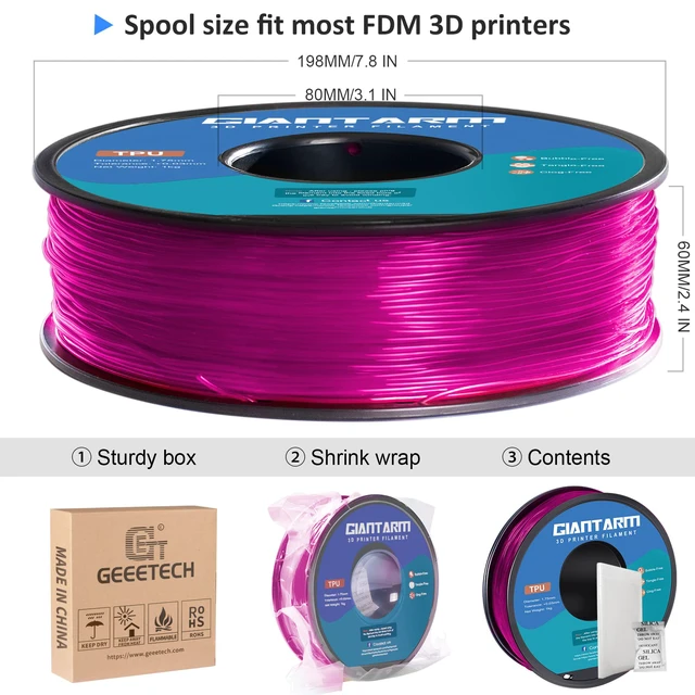 Alt view image 5 of 6 - TPU Filament 1.75mm 1Kg(2.2lbs), Clear Pink Filament TPU, 95A Flexible 3D Printer Filament with High Elasticity, ±0.03mm Accuracy, Neatly Wound & Moistureproof, Non-Clogging, Clear Pink