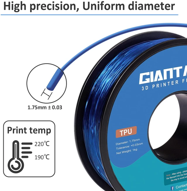Alt view image 5 of 7 - TPU Filament 1.75mm 1Kg(2.2lbs), Clear Blue Filament TPU, 95A Flexible 3D Printer Filament with High Elasticity, ±0.03mm Accuracy, Neatly Wound & Moistureproof, Non-Clogging, Clear Blue