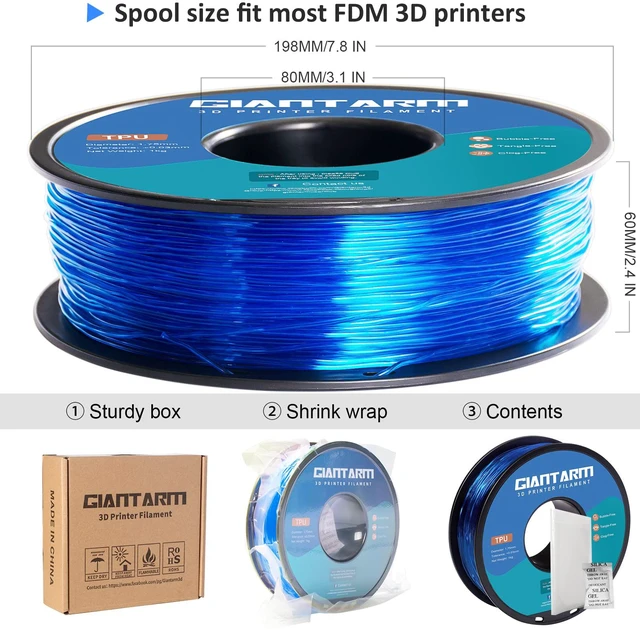 Alt view image 7 of 7 - TPU Filament 1.75mm 1Kg(2.2lbs), Clear Blue Filament TPU, 95A Flexible 3D Printer Filament with High Elasticity, ±0.03mm Accuracy, Neatly Wound & Moistureproof, Non-Clogging, Clear Blue