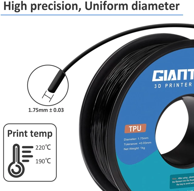 Alt view image 3 of 7 - TPU Filament 1.75mm Flexible Soft 3D Printer Consumables Black,95A 1kg Spool (2.2 lbs.), Dimensional Accuracy +/- 0.05 mm