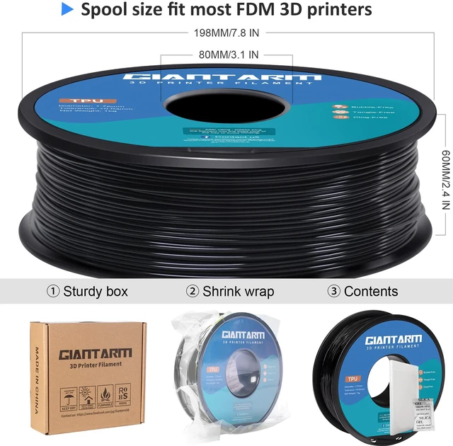 Alt view image 6 of 7 - TPU Filament 1.75mm Flexible Soft 3D Printer Consumables Black,95A 1kg Spool (2.2 lbs.), Dimensional Accuracy +/- 0.05 mm